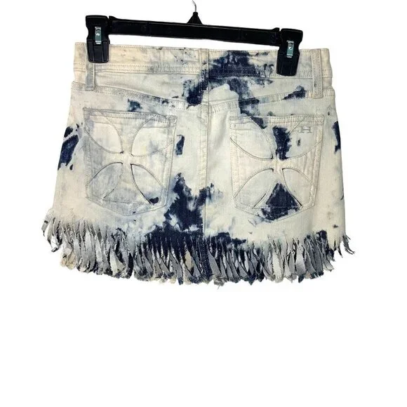 Habitual Tie Dye Mini Skirt Womens Size 25 Denim Fringe Cotton Blue Made In USA - Picture 2 of 11